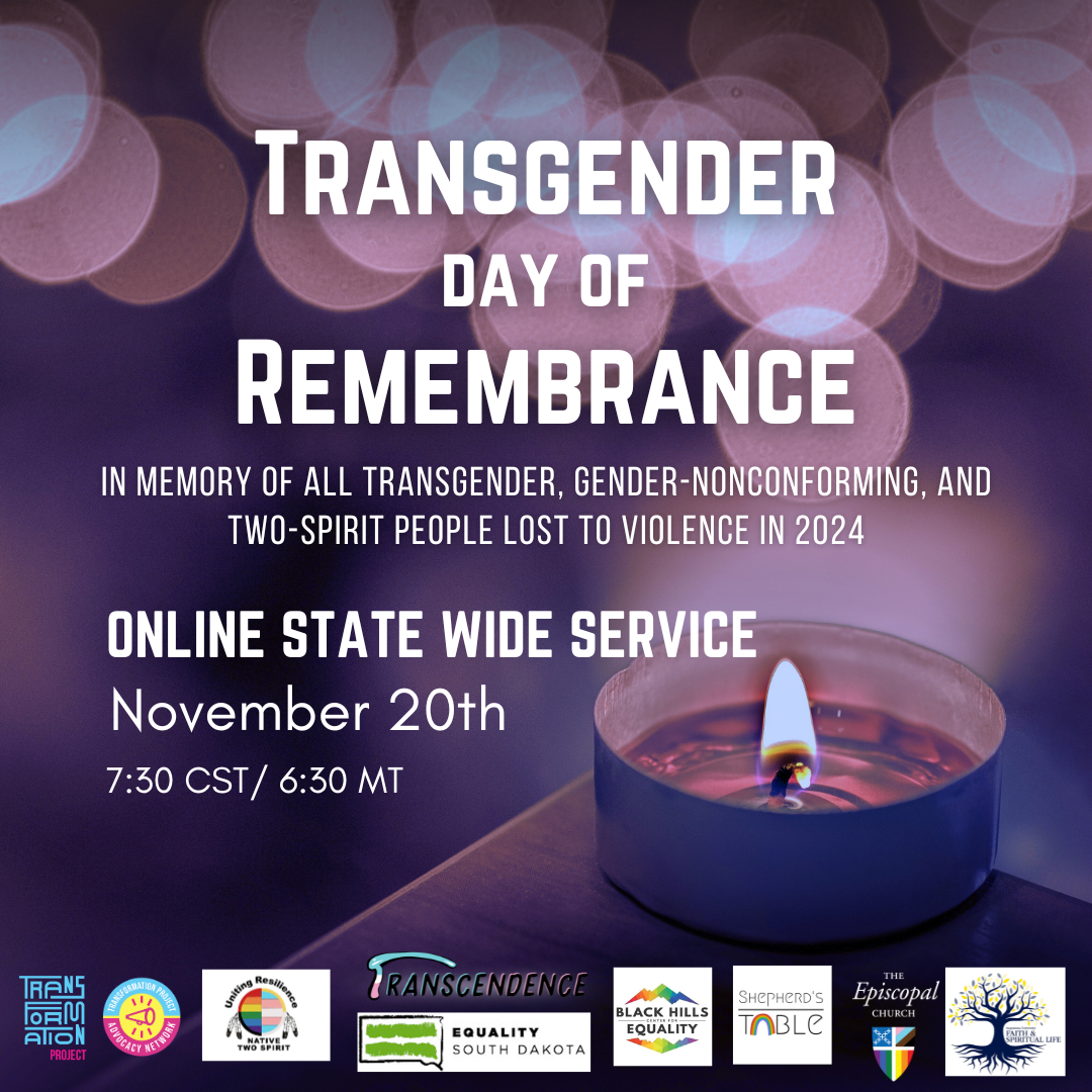 A tealight candle burns with lights in the background. Text "Transgender Day of Remembrance. In memory of all transgender, gender-nonconforming, and two-spirit people lost to violence in 2024. Online statewide service. November 20th. 7:30pm CST, 6:30mt."