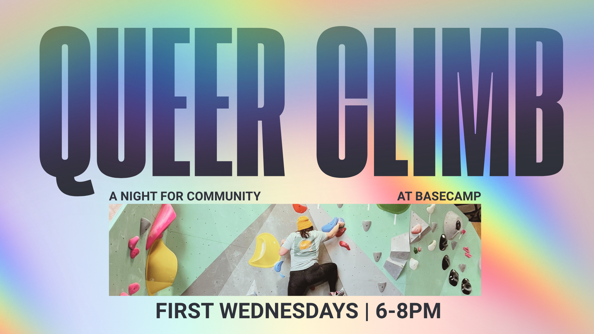 black text reading queer climb with a picture of cece climbing at black hills basecamp